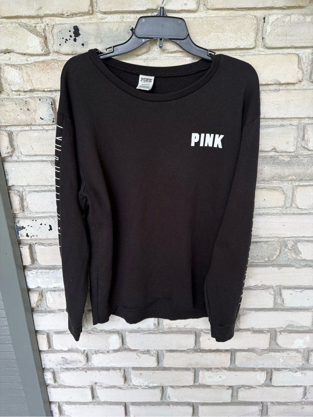 PINK Victoria's Secret Black Sweatshirt with White Logo and pink nation sleeves